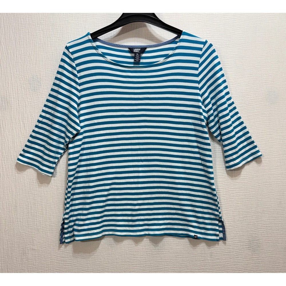 Lands' End Striped Top Womens XL Blue Nautical 3/4 Sleeve Pima Cotton Scoop Neck